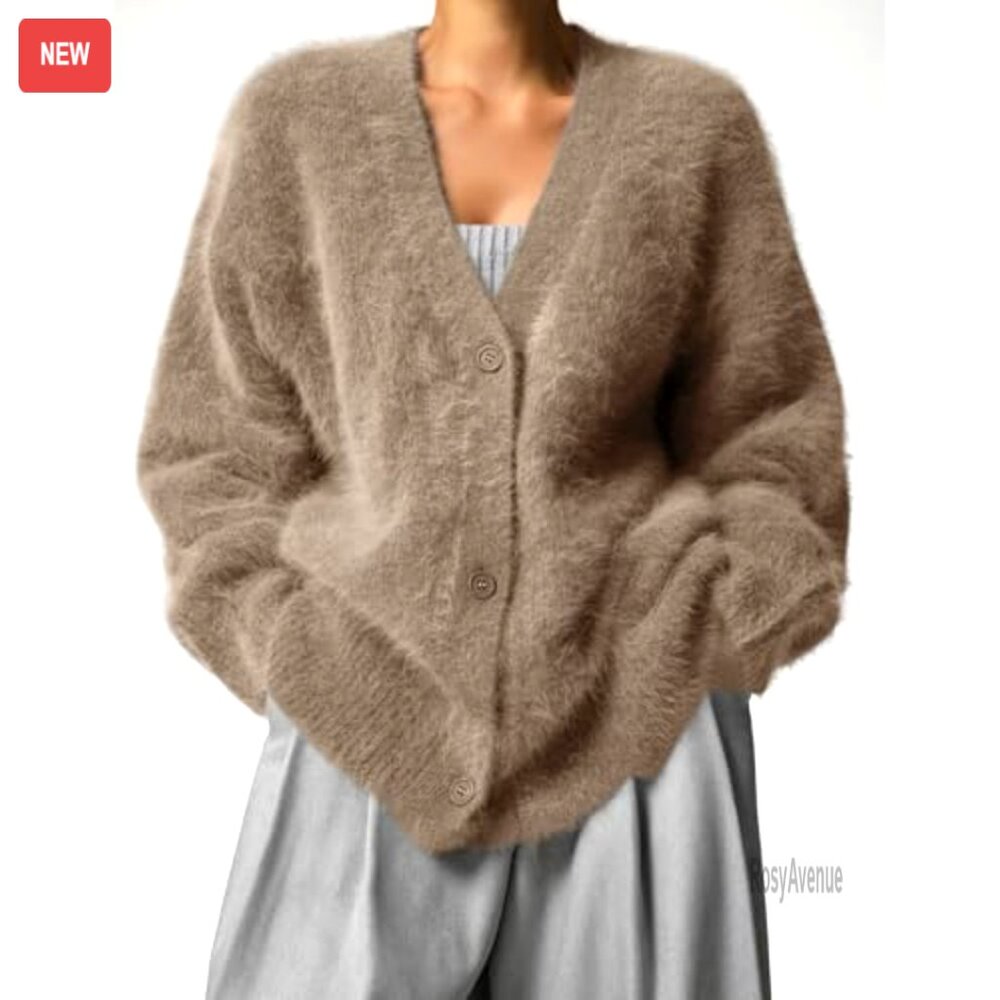 Women's Fuzzy V-Neck Cardigan Sweater Long Sleeve Button Down Slouchy Knit - Picture 5 of 8